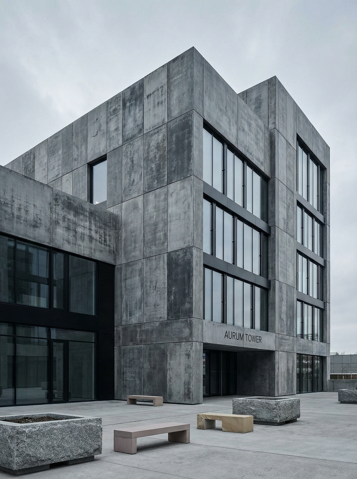A brutalist concrete building.