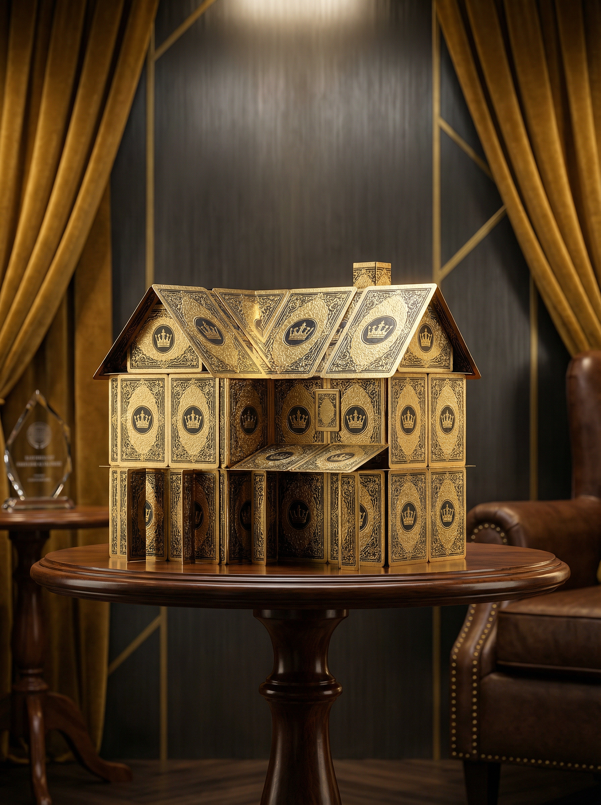 An ornate house of cards framed by golden curtains.