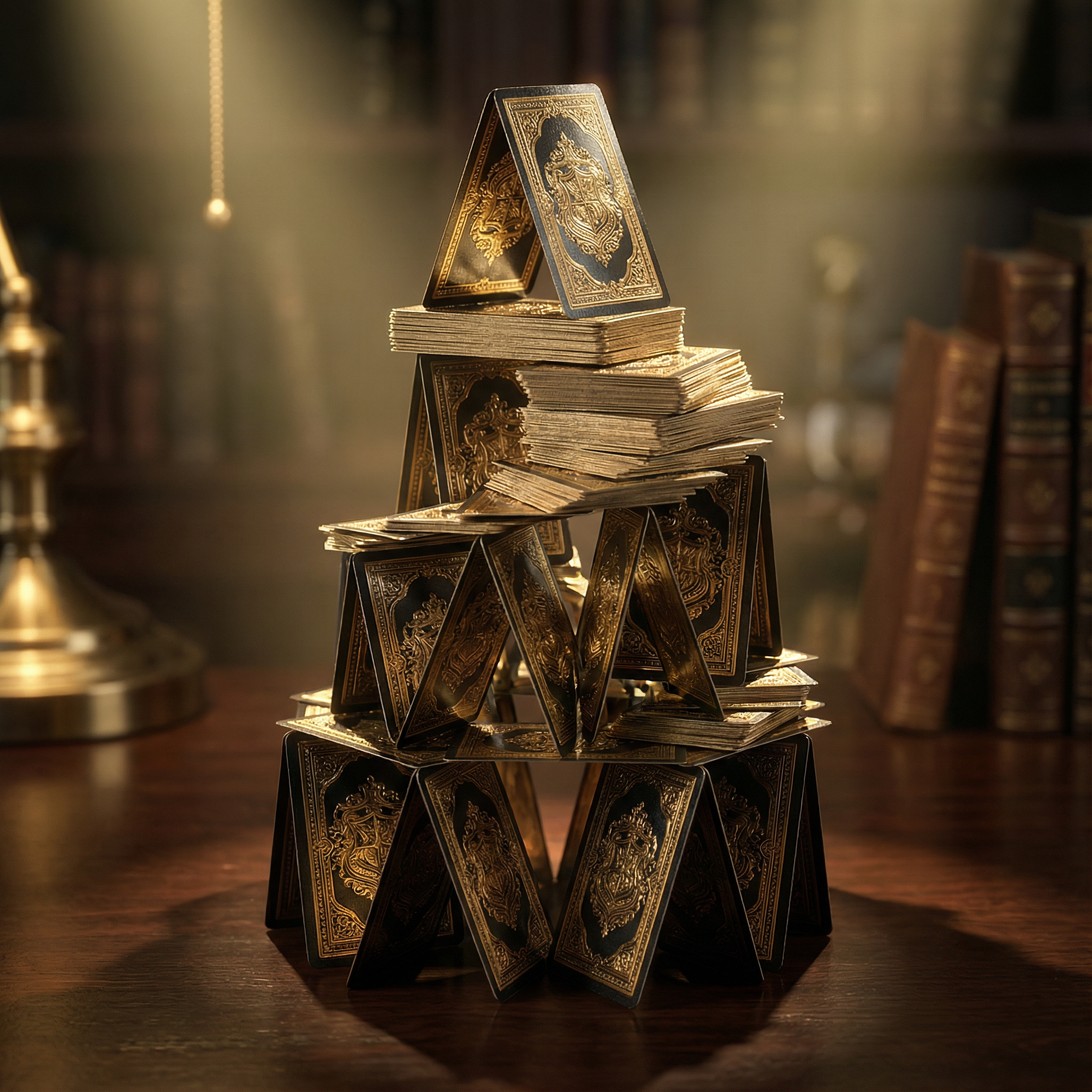 A precarious house of cards on a table.