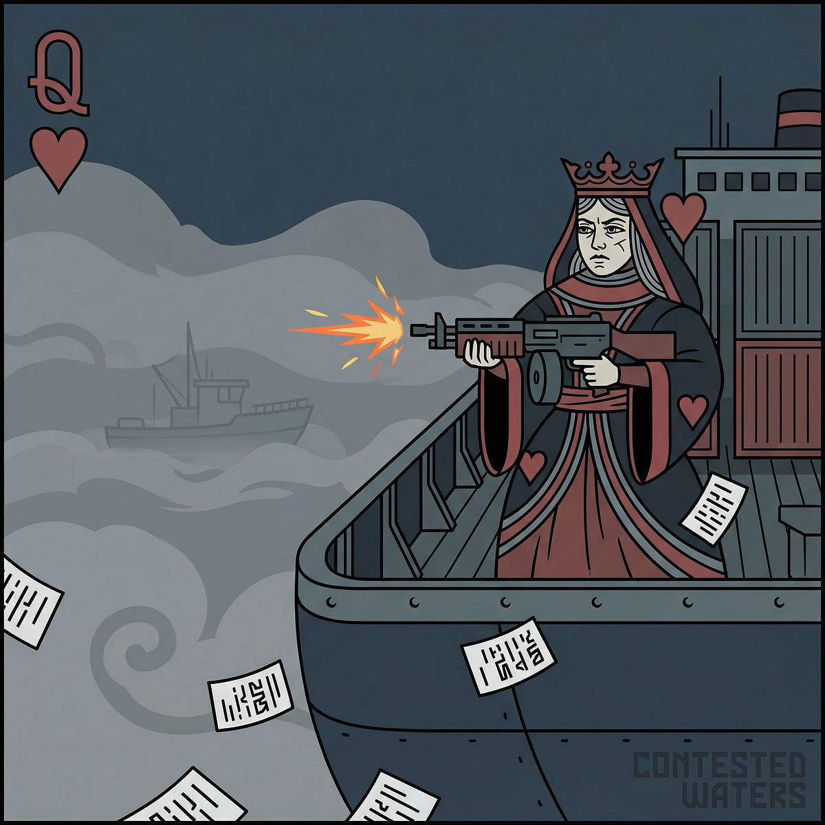 An illustrated queen firing on a ship's deck.