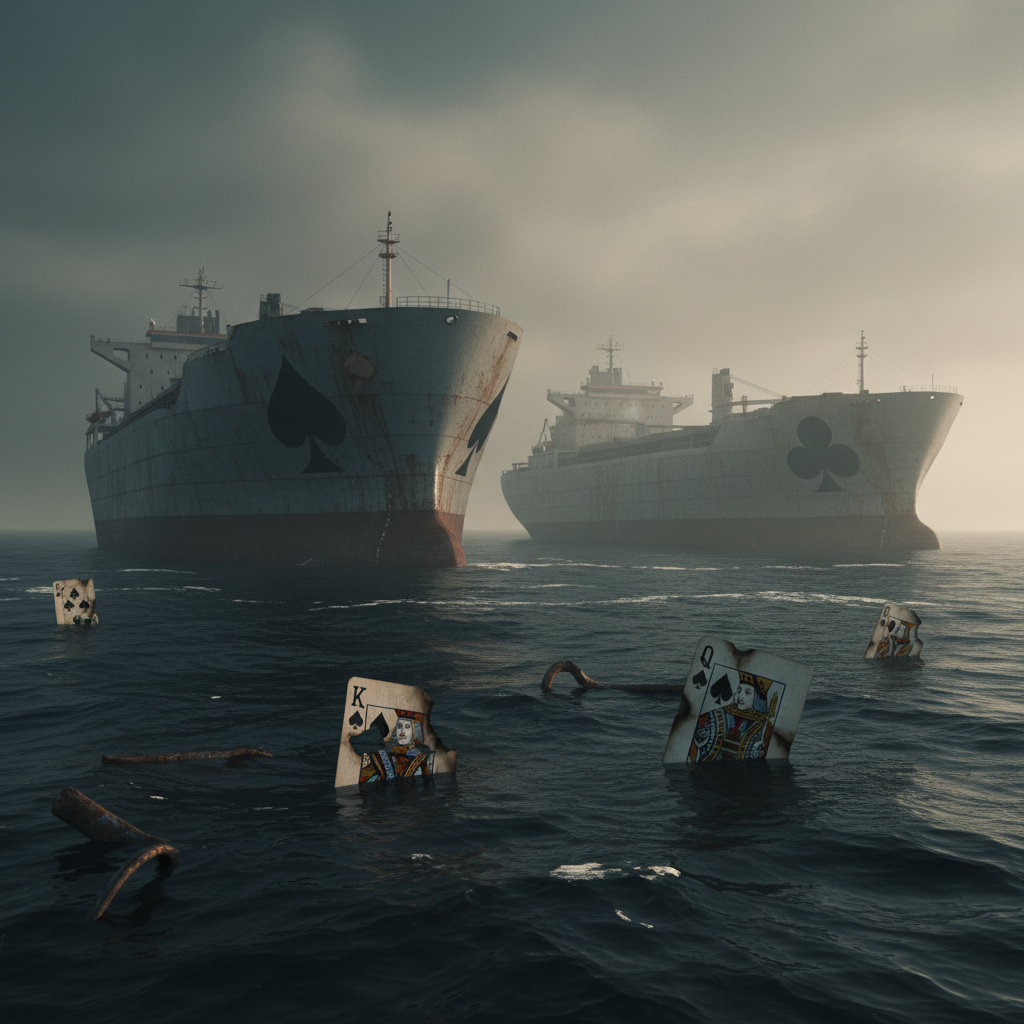 Tanker ships looming in the fog.