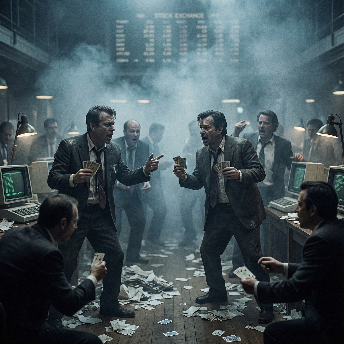 Traders shouting on an exchange floor.