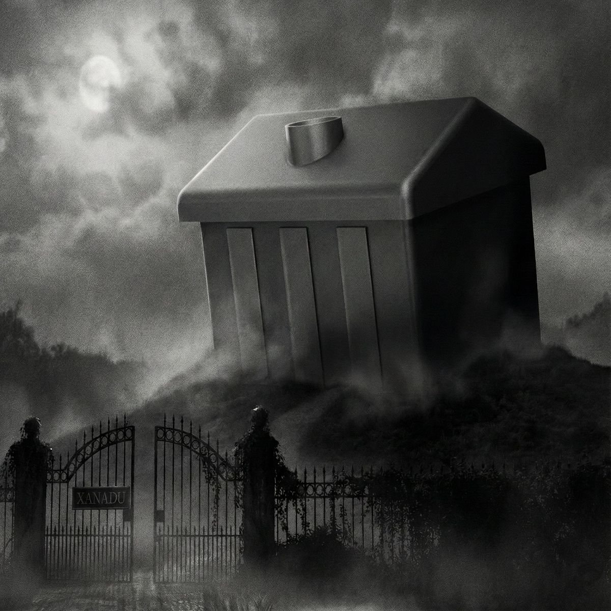 A house-shaped mausoleum looming in the fog.