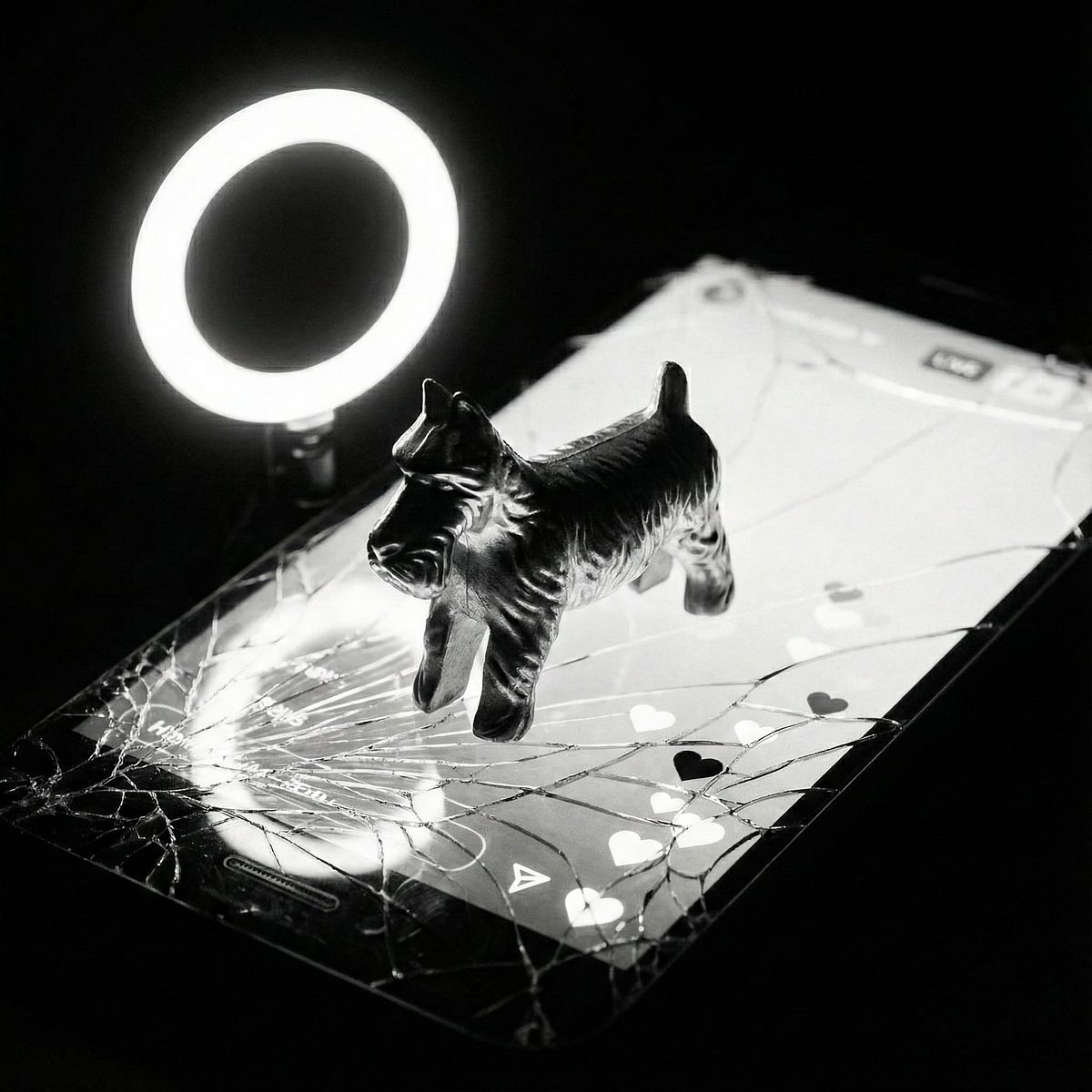 A ring light over a shattered board.