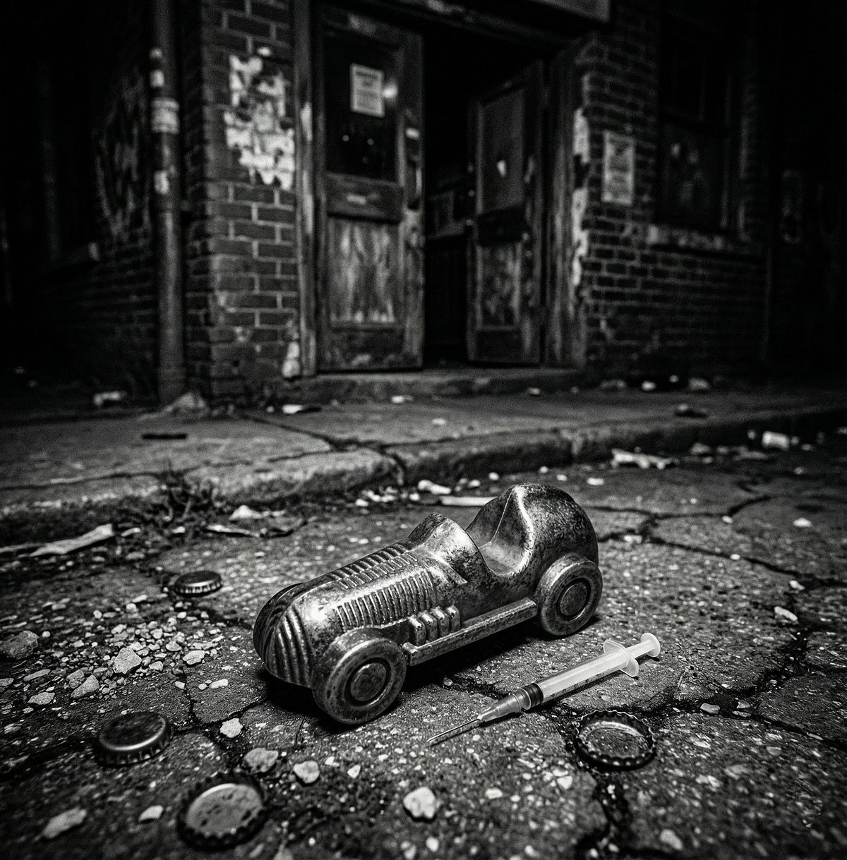 A race-car token abandoned among rubble.