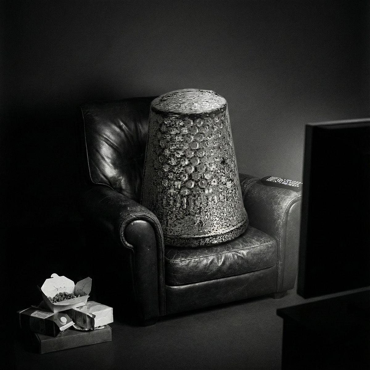 A thimble token resting on a leather armchair.