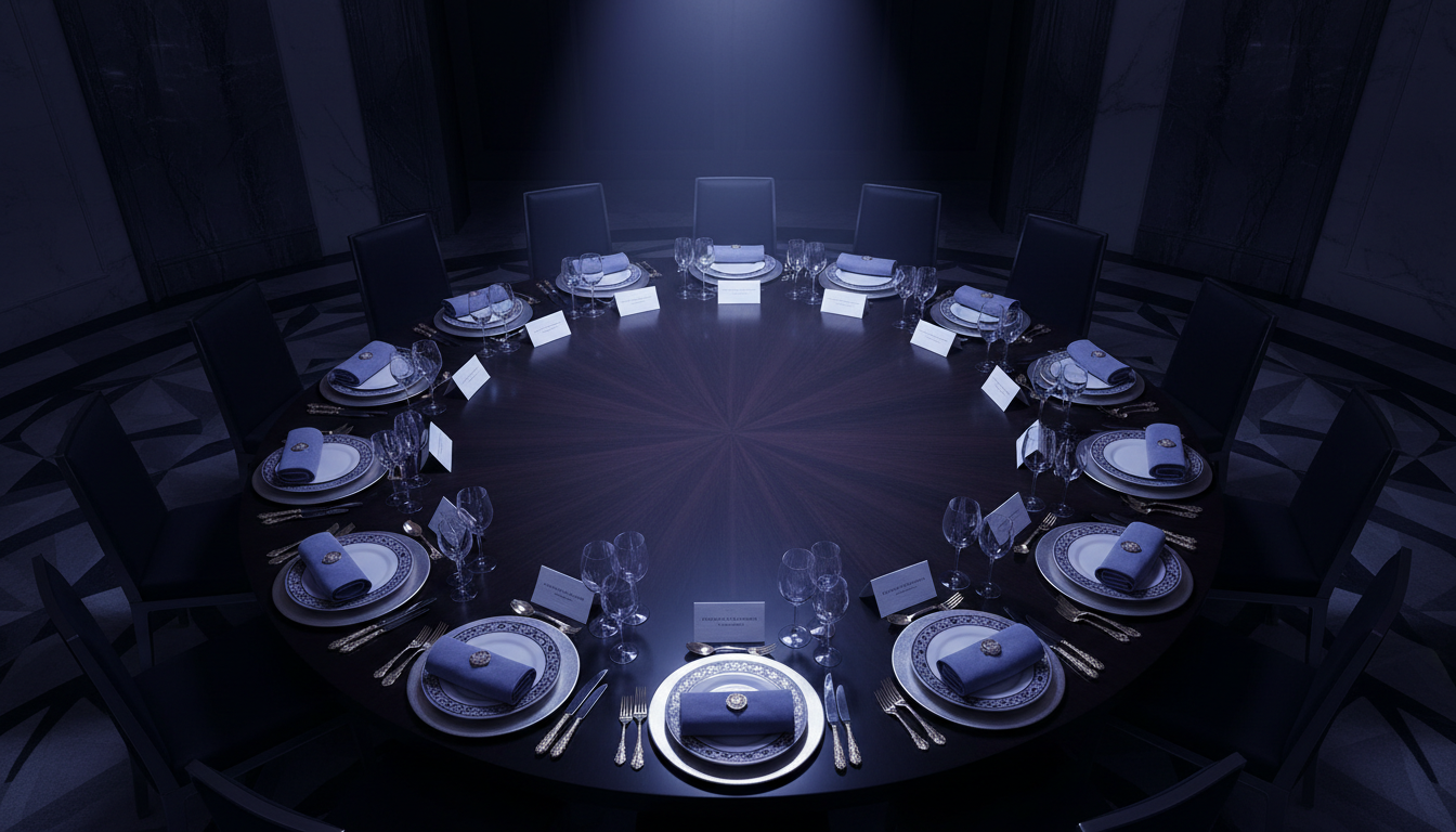 An overhead view of a candlelit round table set for a summit.