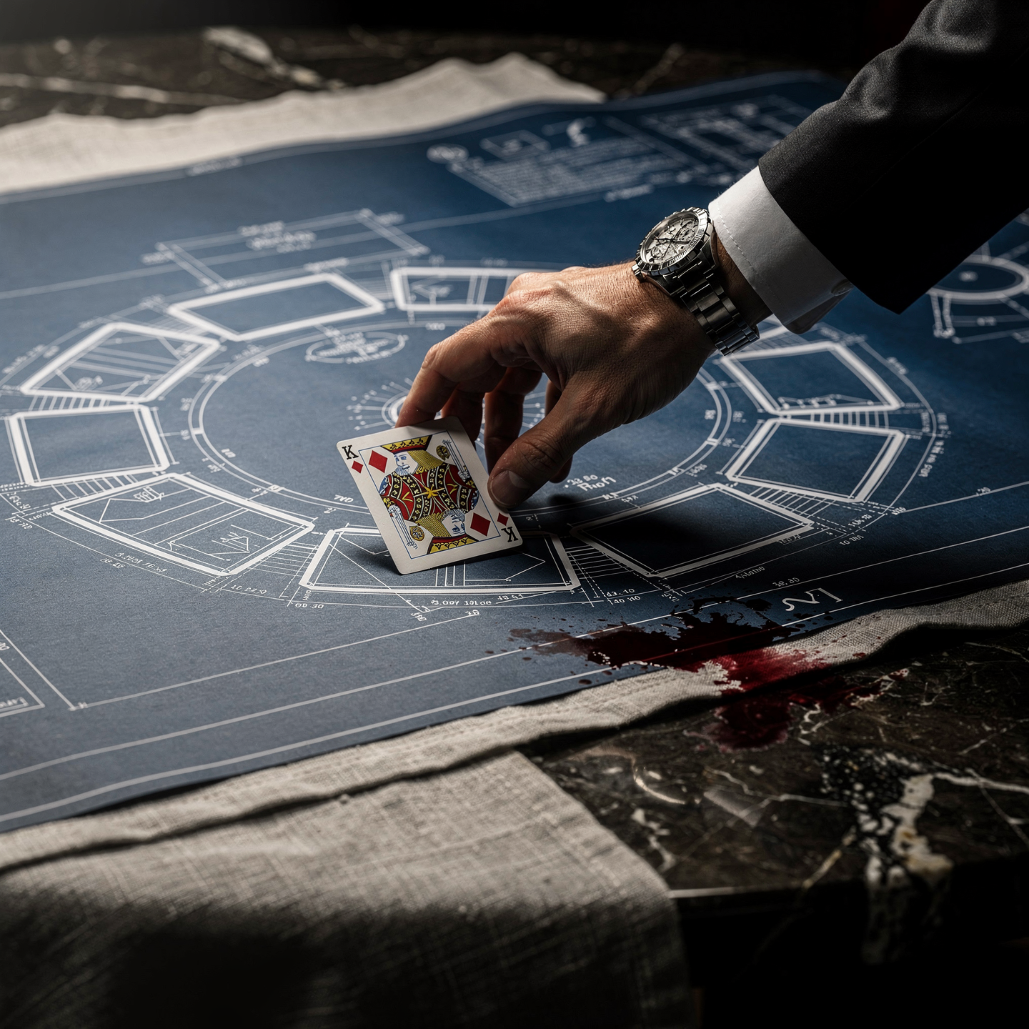 A hand arranging cards over a network of alliances.