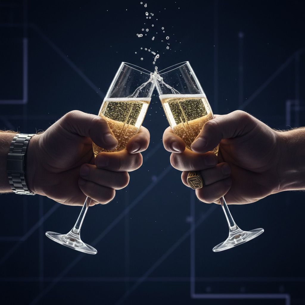 Two hands toasting over the table.