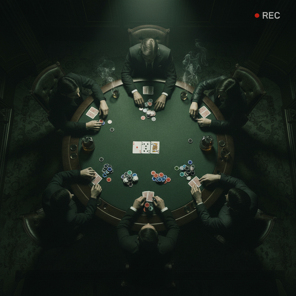 Overhead view of a poker table mid-game.