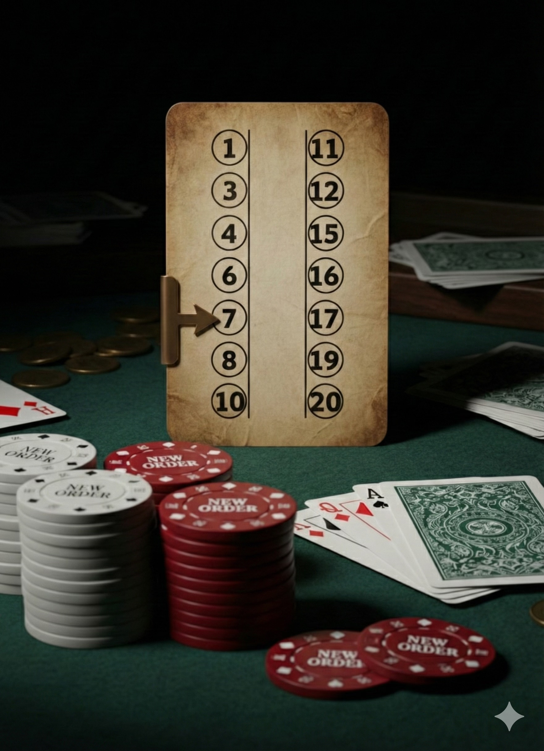 A hand-cranked rank board with New Order chips and cards on green felt.