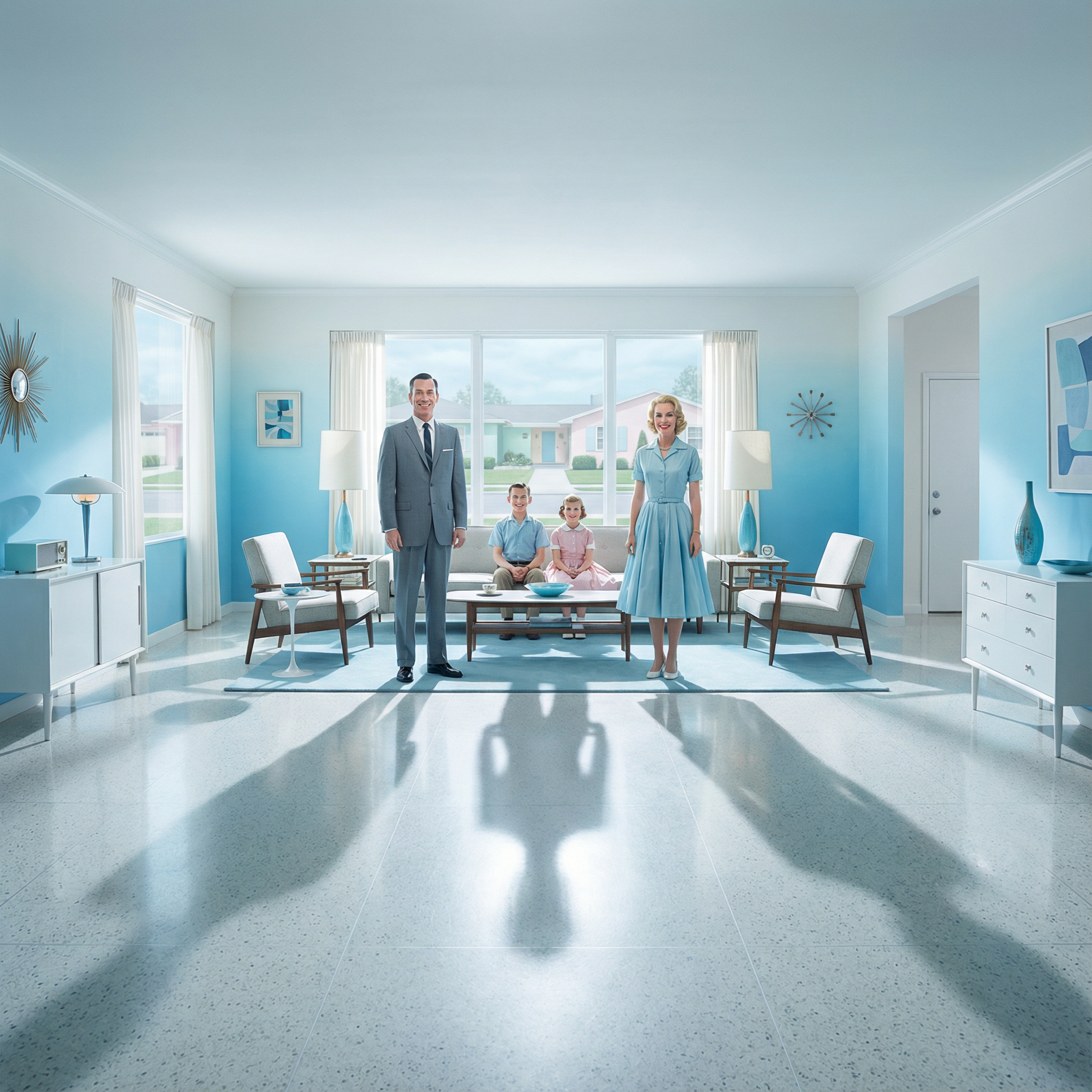 A mid-century family posed in a bright blue suburban living room.