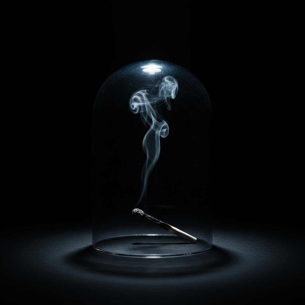 A spent match under a glass cloche, smoke curling.