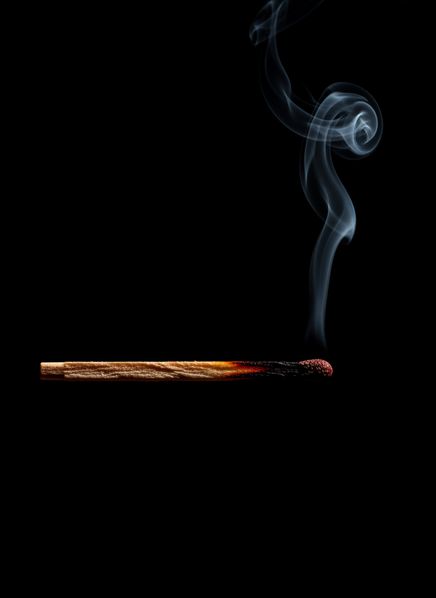 A struck match trailing smoke in the dark.