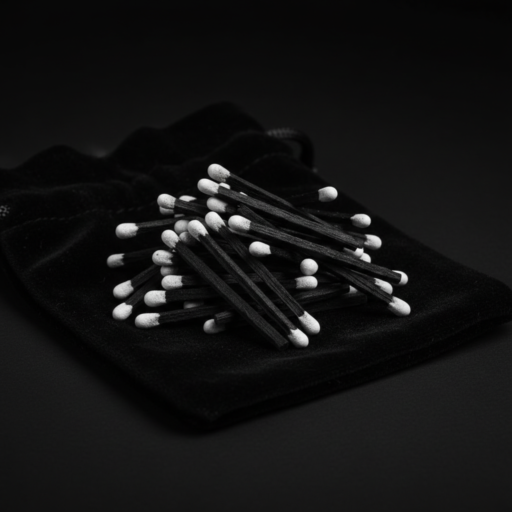 A pile of black matches with white tips on dark cloth.