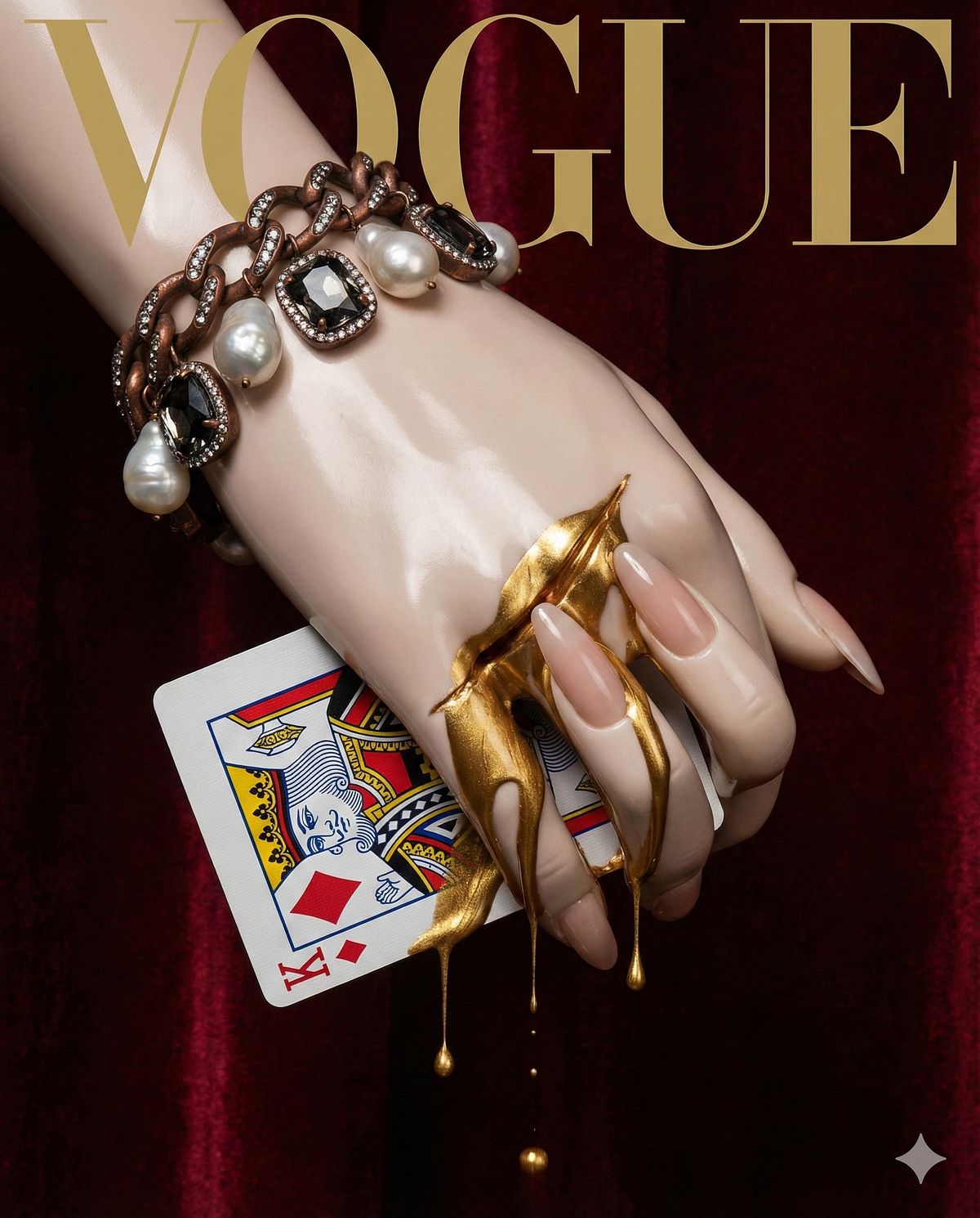 A jewelled hand holding court cards on red velvet.